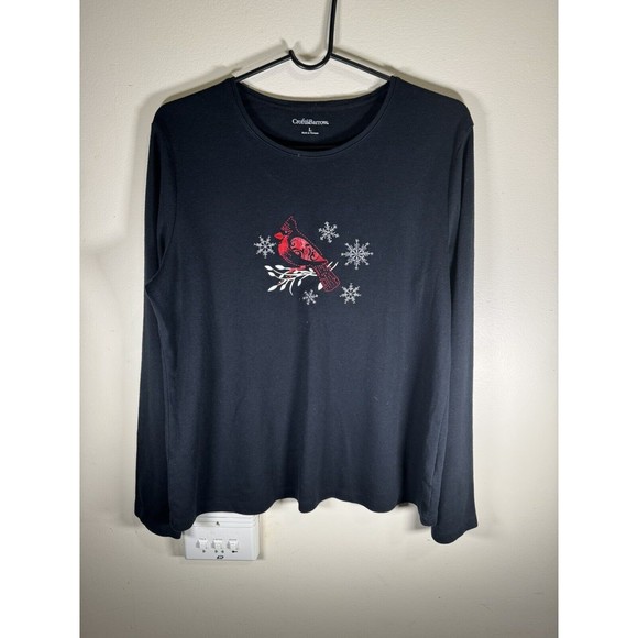 Croft and Barrow Women's L Black Top with Cardinal Bird and Snowflake Pattern. - Picture 2 of 4